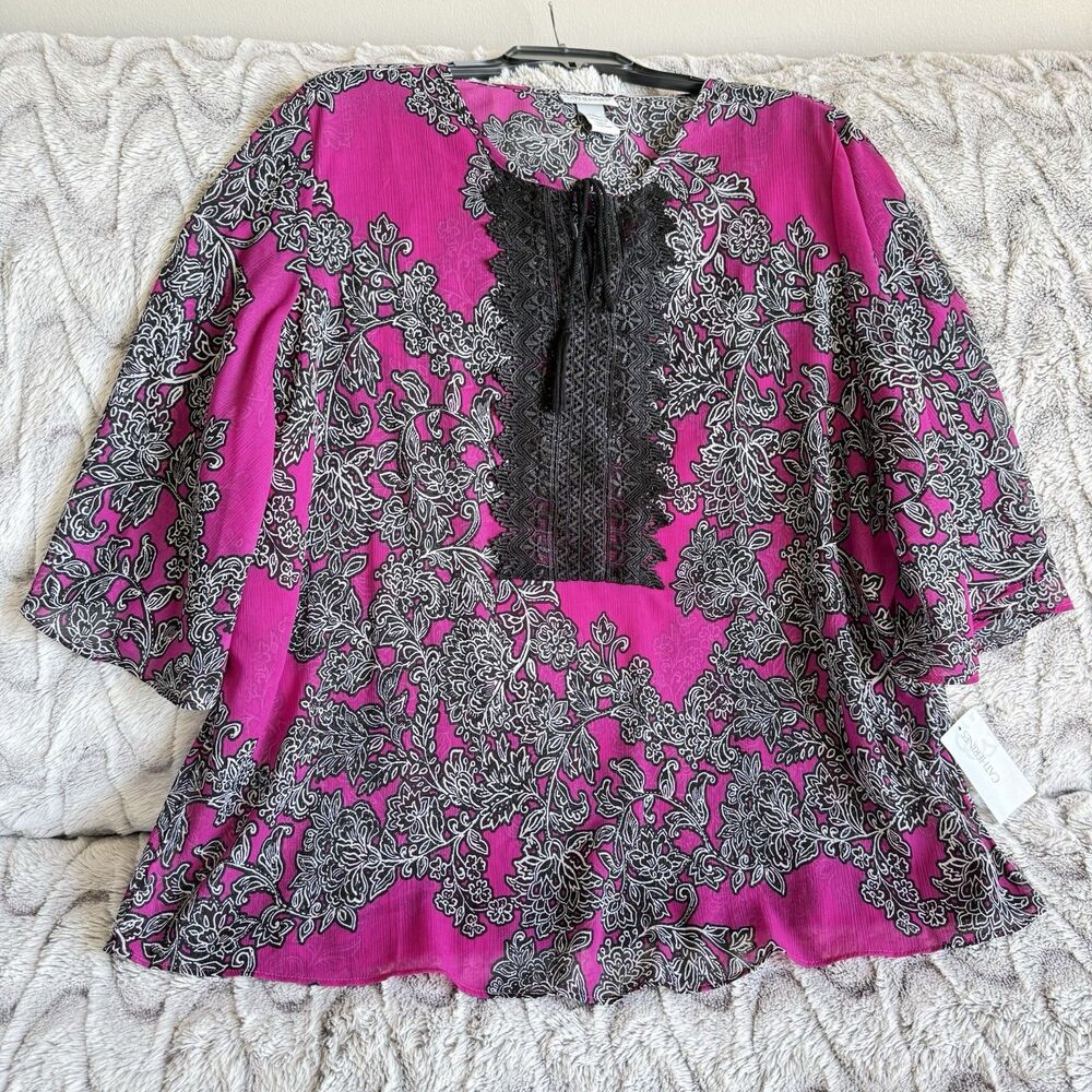 Catherines Top Plus 1X 18/20W Sheer Crochet Lace Tassel Tie Kimono Sleeve Pink